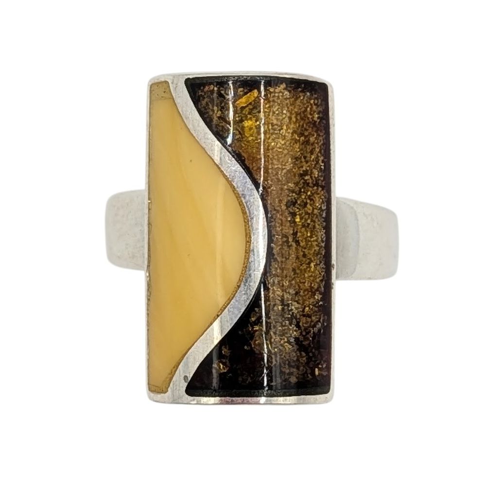 Lot 471: New Polish Sterling Silver Two Tone Amber Inlay Wave Ring