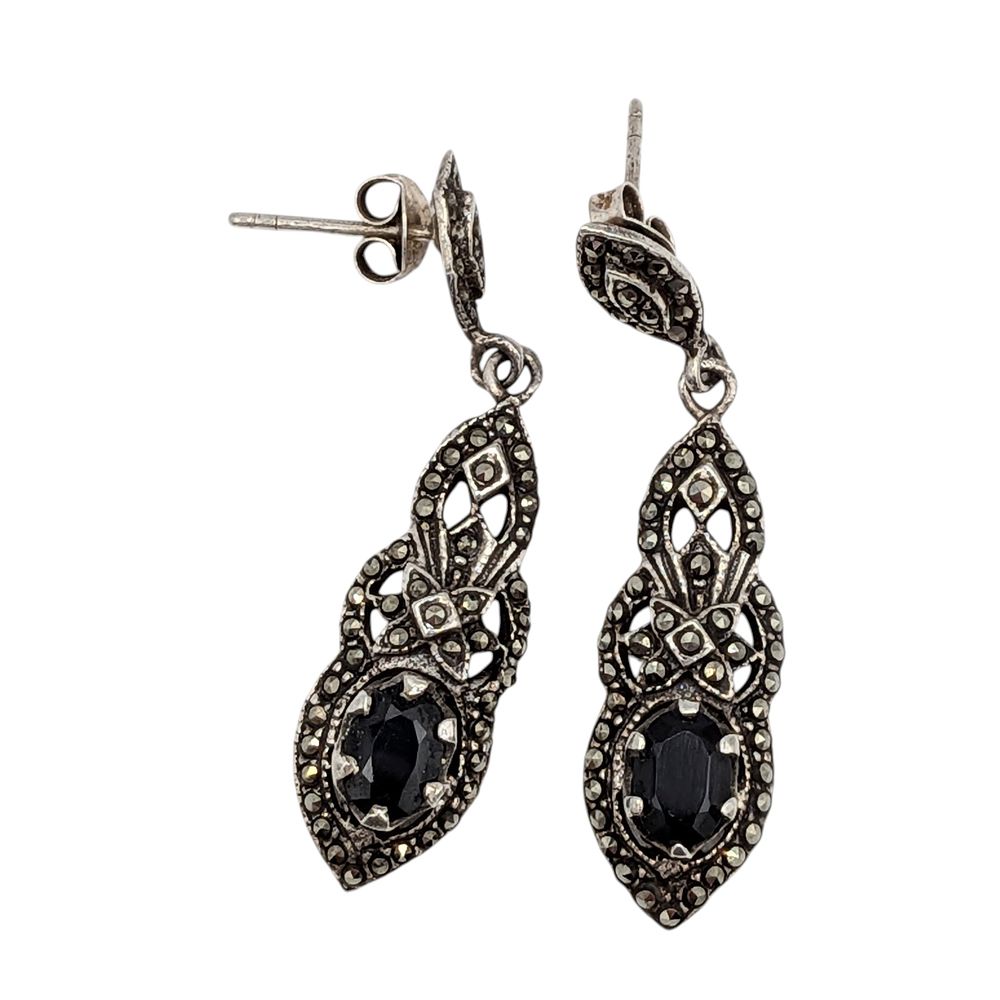 Lot 483: Sterling Silver Onyx Marcasite Drop Deco Earrings