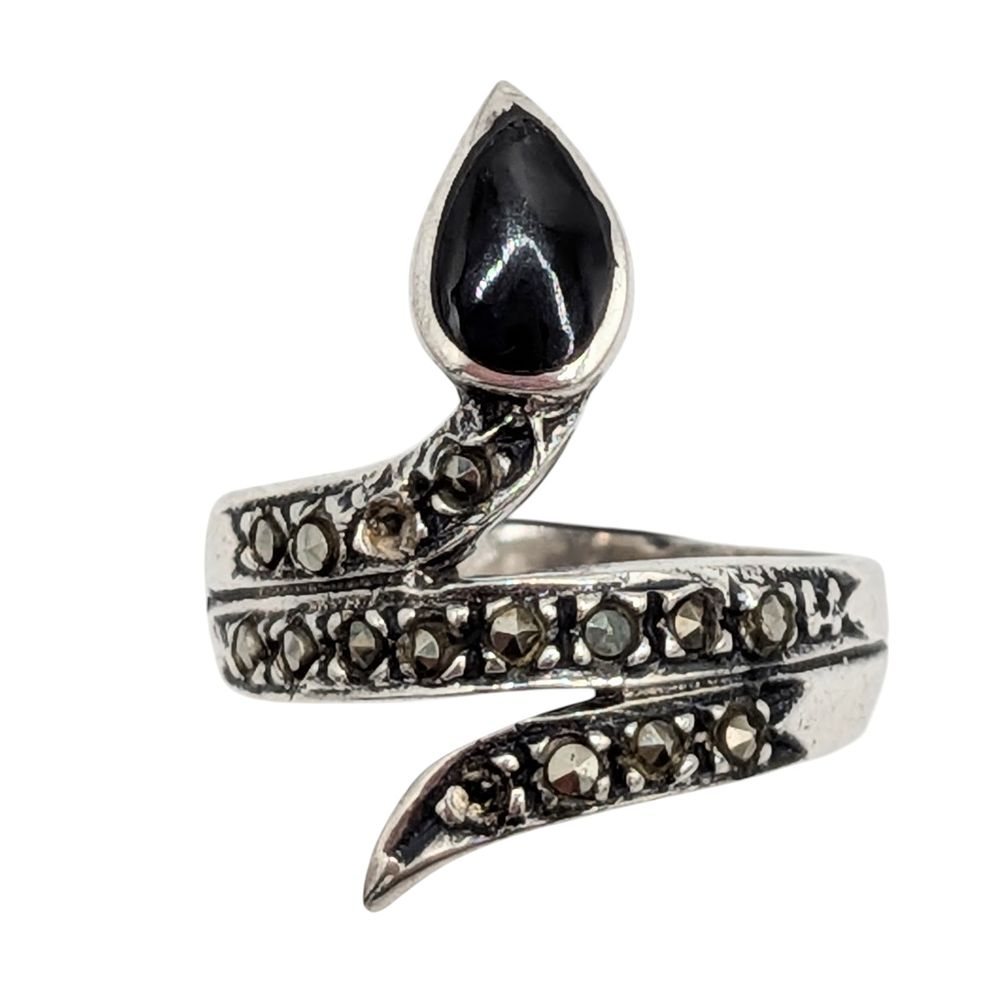 Lot 484: Signed Sterling Silver Onyx Marcasite Snake Wrap Ring