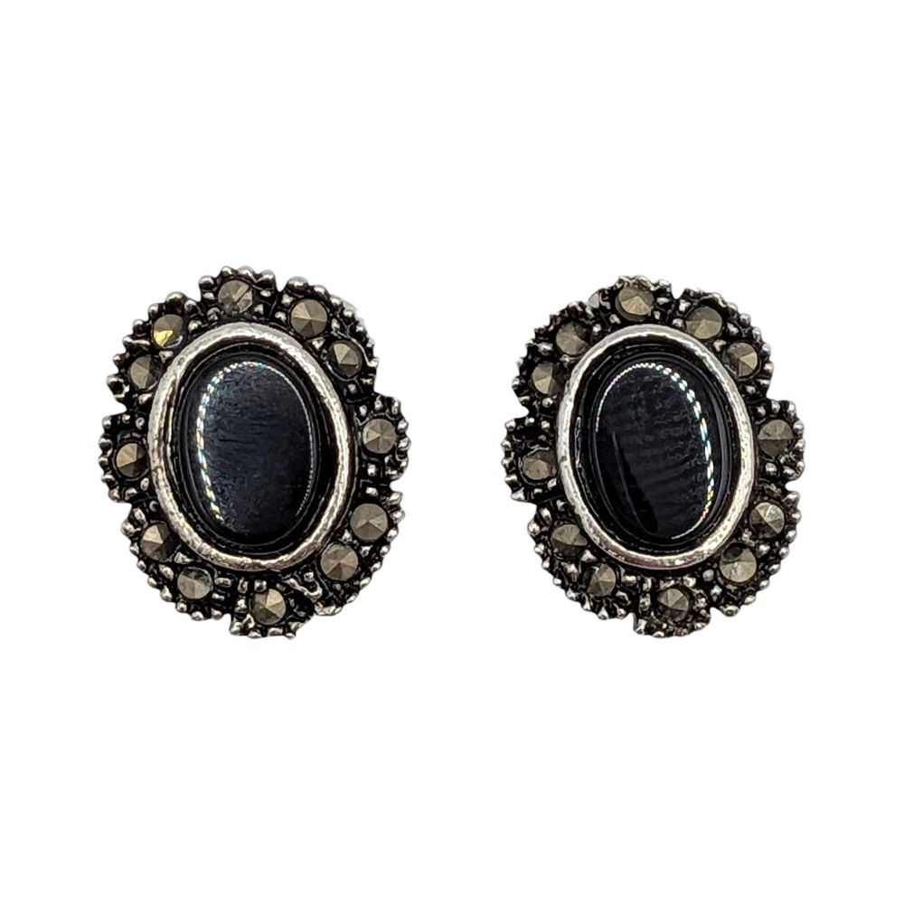 Lot 489: Sterling Silver Onyx Marcasite Oval Stud Earrings