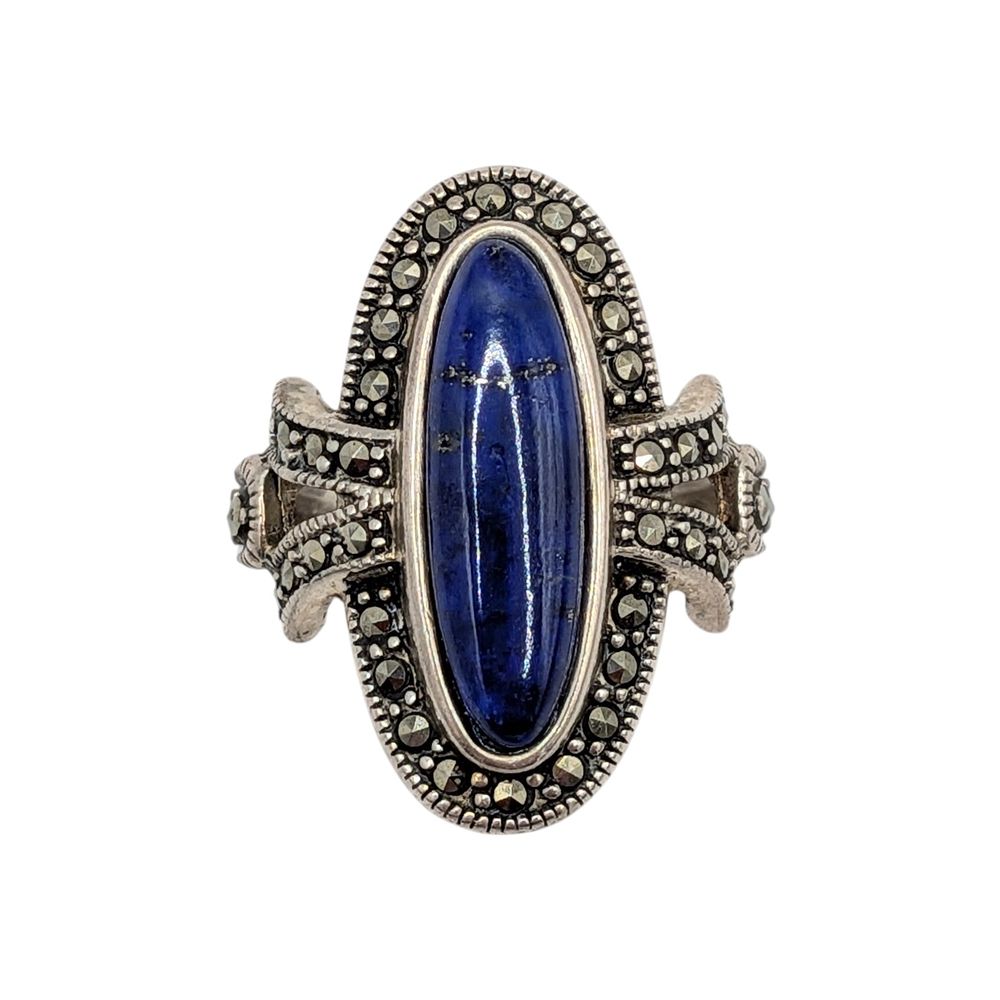 Lot 494: Signed Sterling Silver Lapis Marcasite Deco Style Ring