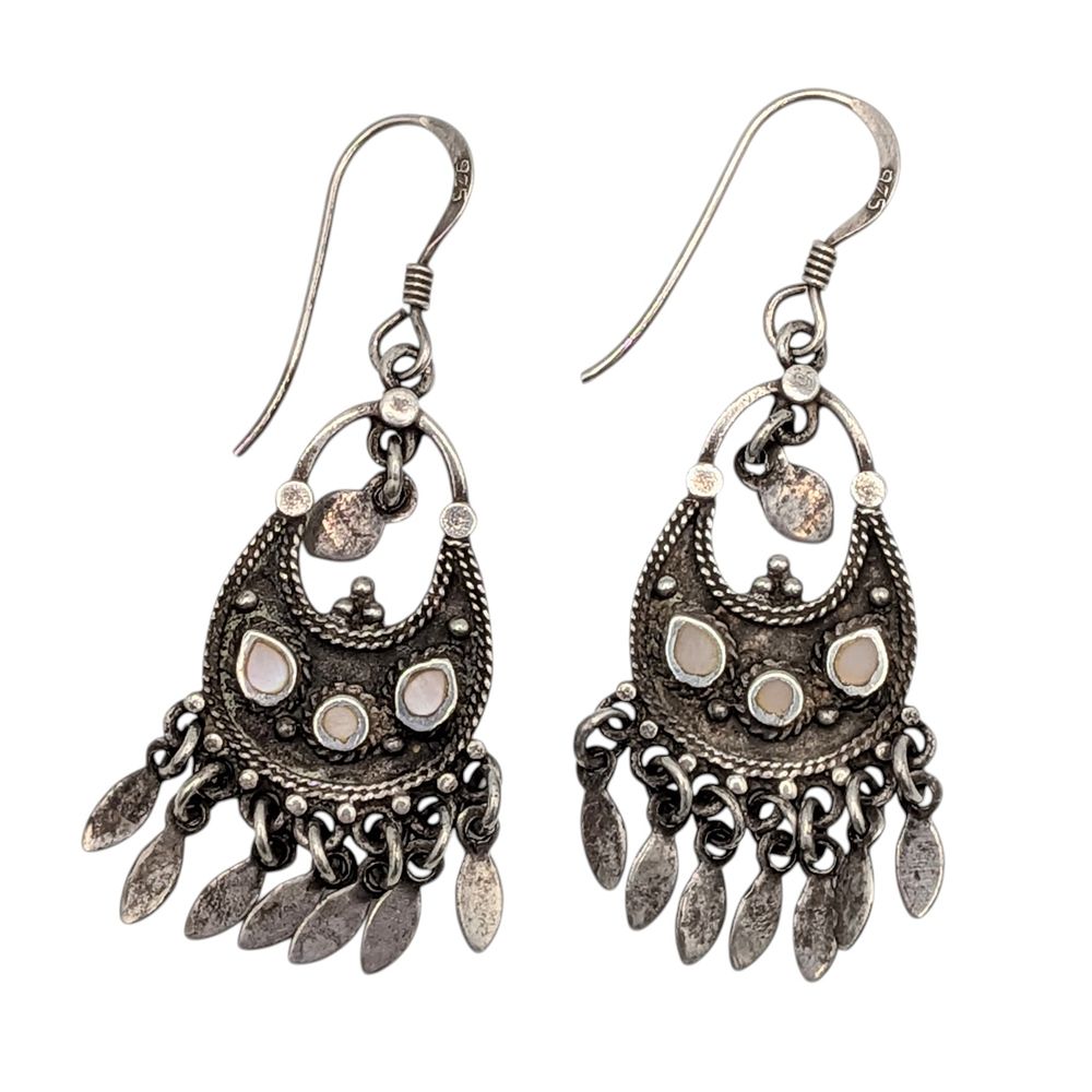 Lot 506: Sterling Silver Mother of Pearl Bali Style Chandelier Earrings