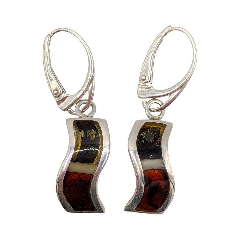 Lot 509: New Polish Sterling Silver Two Tone Amber Inlay Wave Dangle Earrings