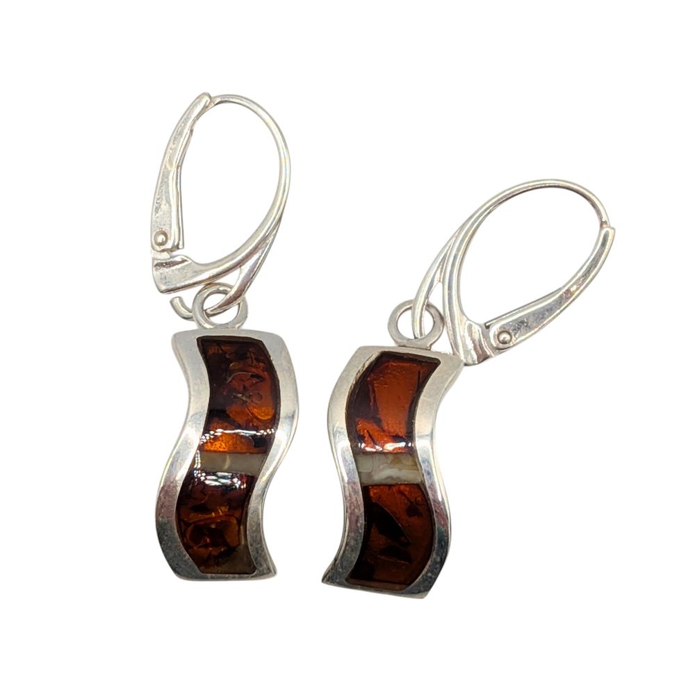 Lot 525: New Polish Sterling Silver Two Tone Amber Inlay Wave Dangle Earrings