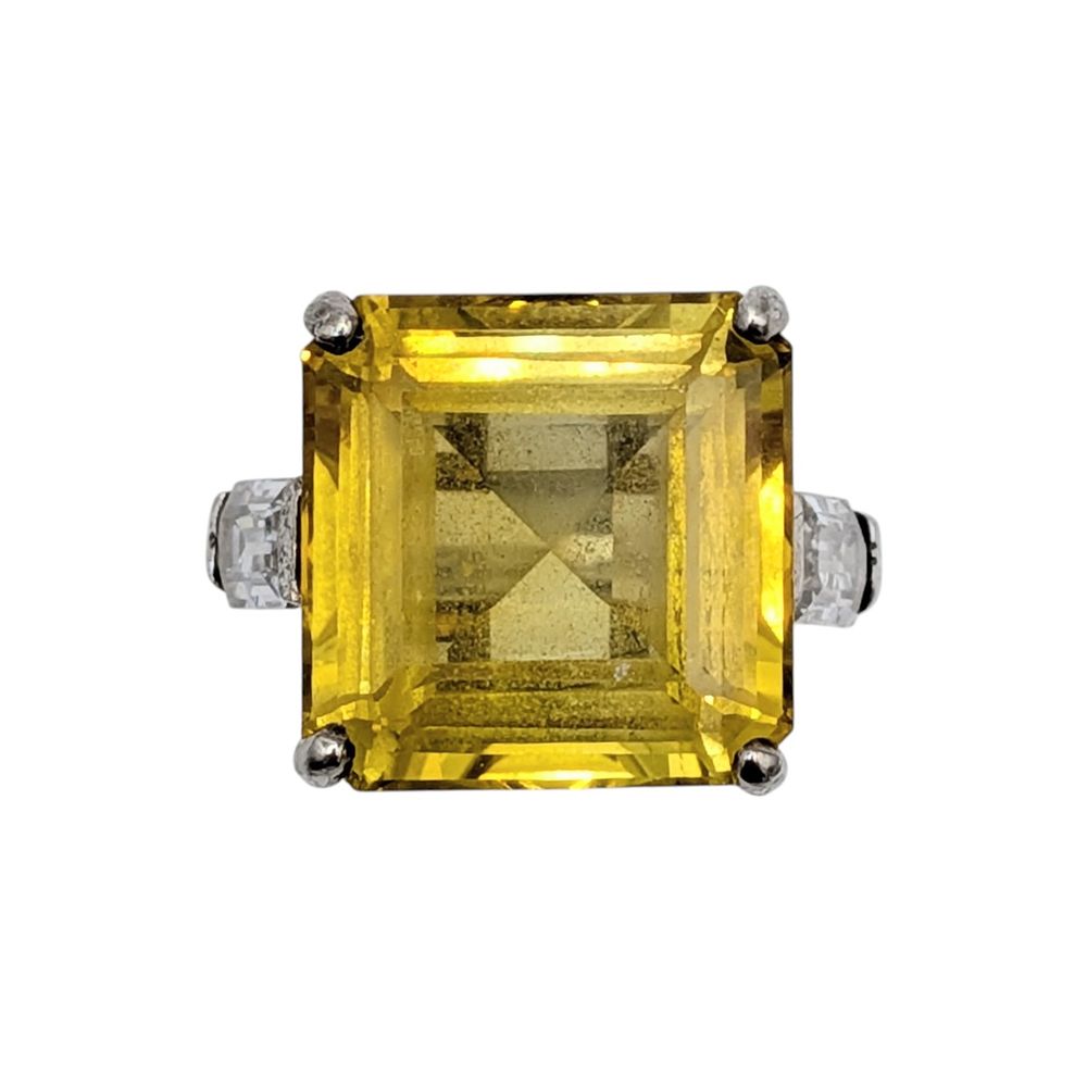 Lot 533: Signed Sterling Silver Yellow Moissanite CZ Princess Cut Ring