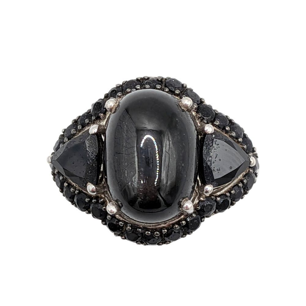 Lot 544: Signed Sterling Silver Black Cat  Eye Tourmaline Tri Stone Halo Ring