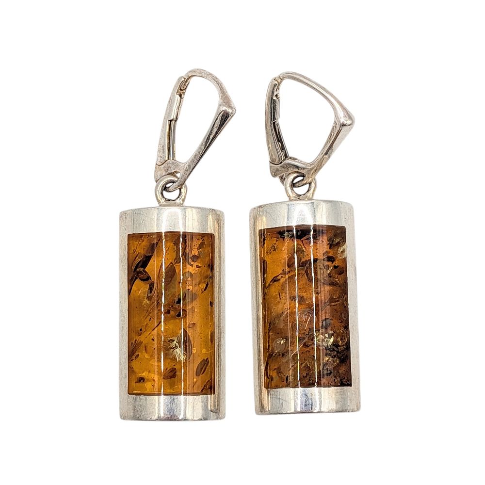 Lot 548: New Polish Sterling Silver Honey Amber Inlay Cylindrical Drop Earrings