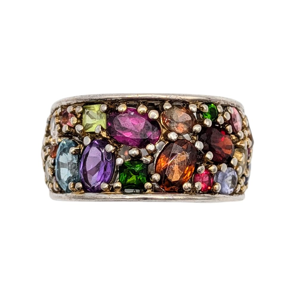 Lot 554: Signed Gold Over Sterling Silver Multi Gemstone Cluster Band Ring