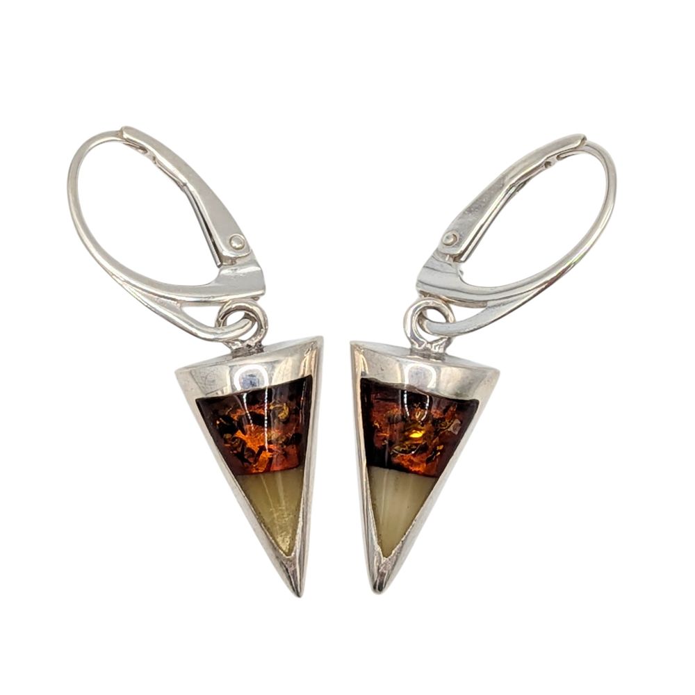 Lot 564: Sterling Silver Two Tone Amber Inlay Triangular Drop Earrings