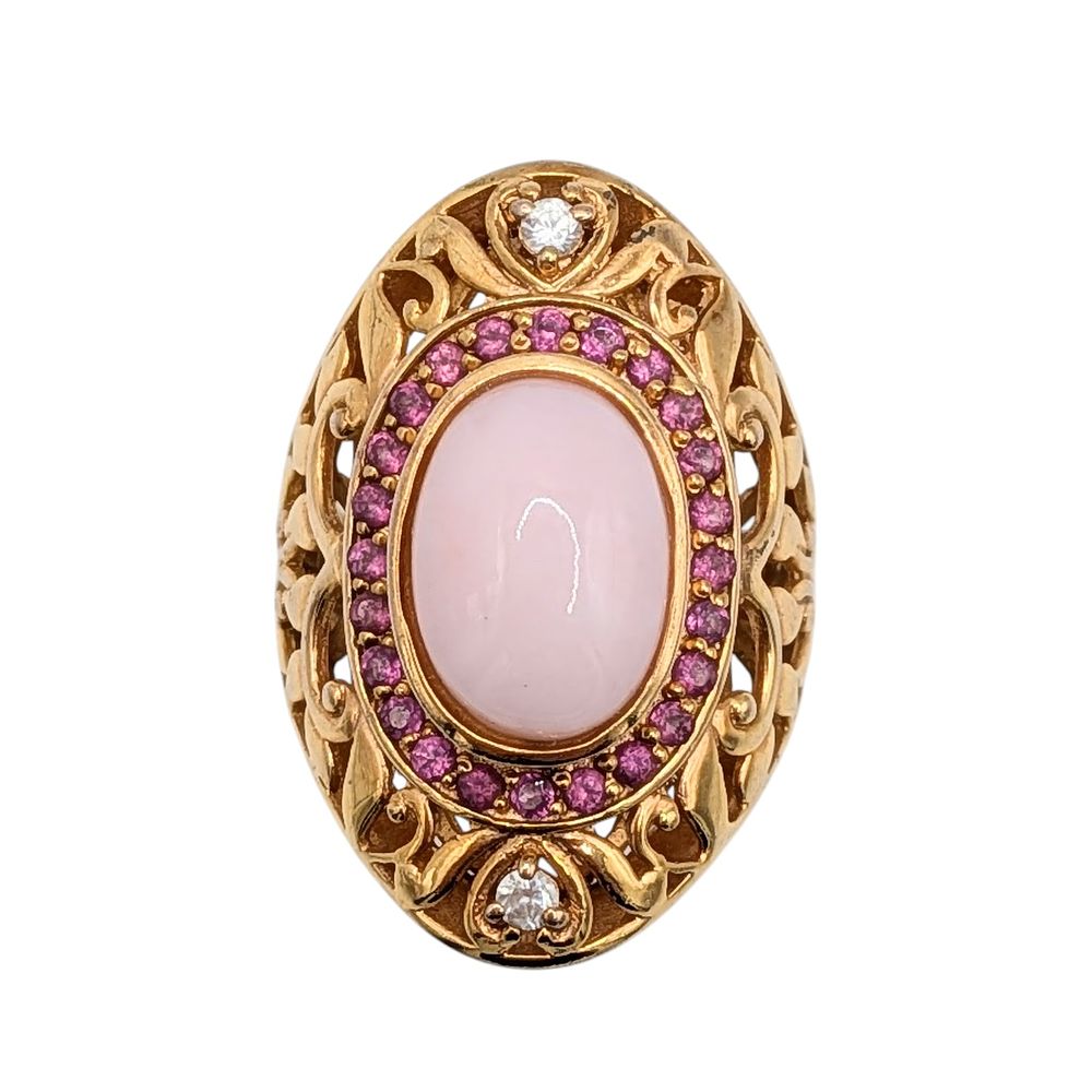 Lot 571: Signed Gold Over Sterling Silver Topaz Tourmaline Pink Opal Open Work Shield Ring