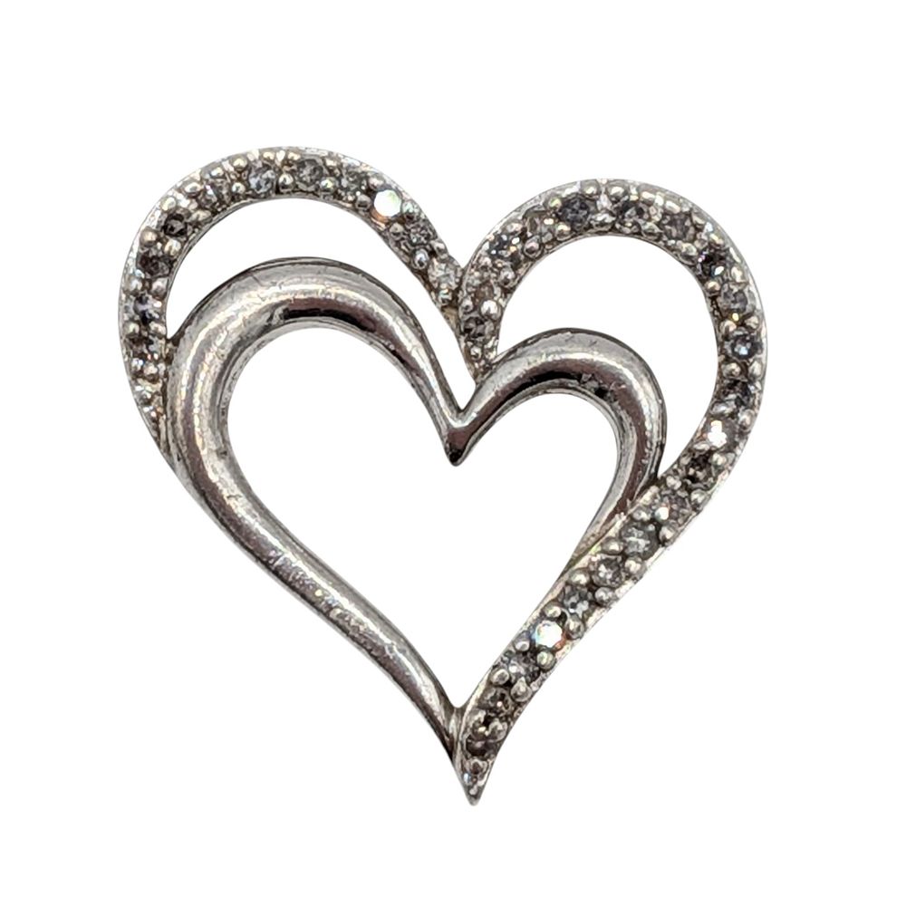 Lot 572: Signed Sterling Silver Diamond Double Heart Slide Pendant