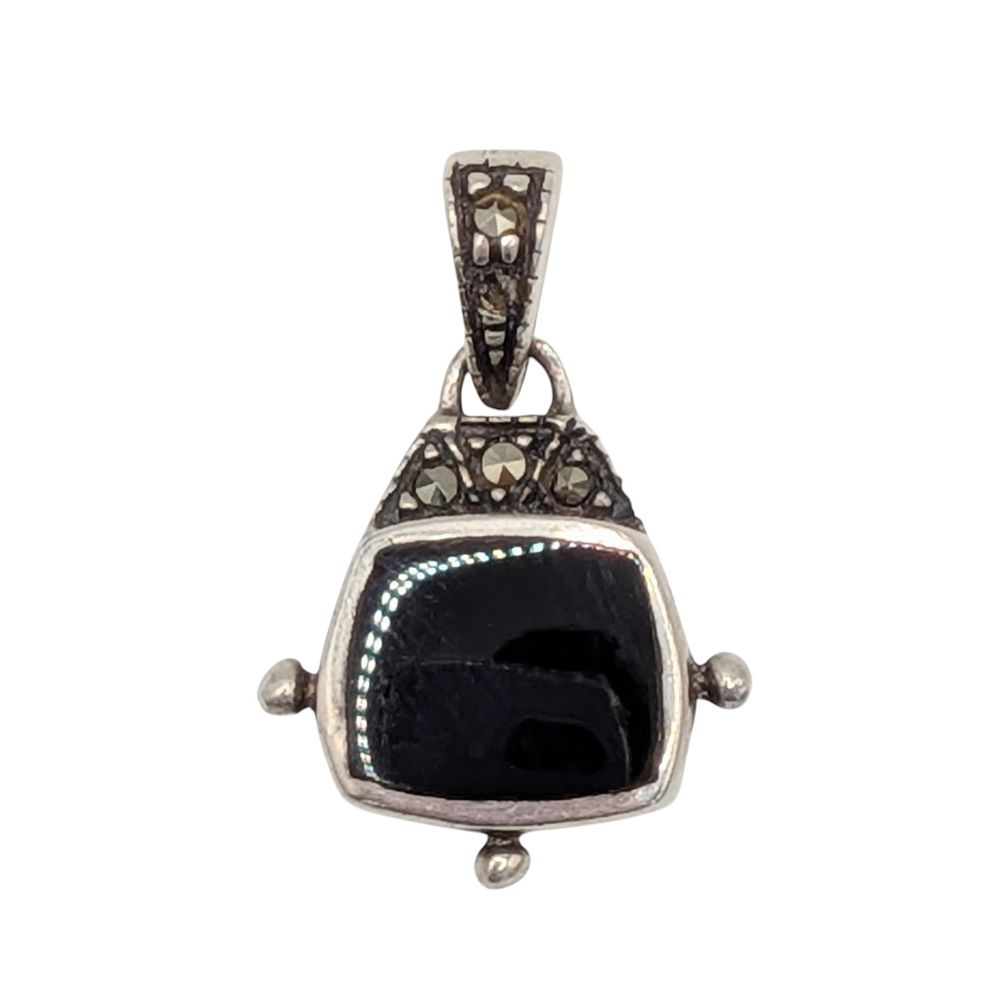 Lot 581: Signed Sterling Silver Onyx Marcasite Dangle Pendant