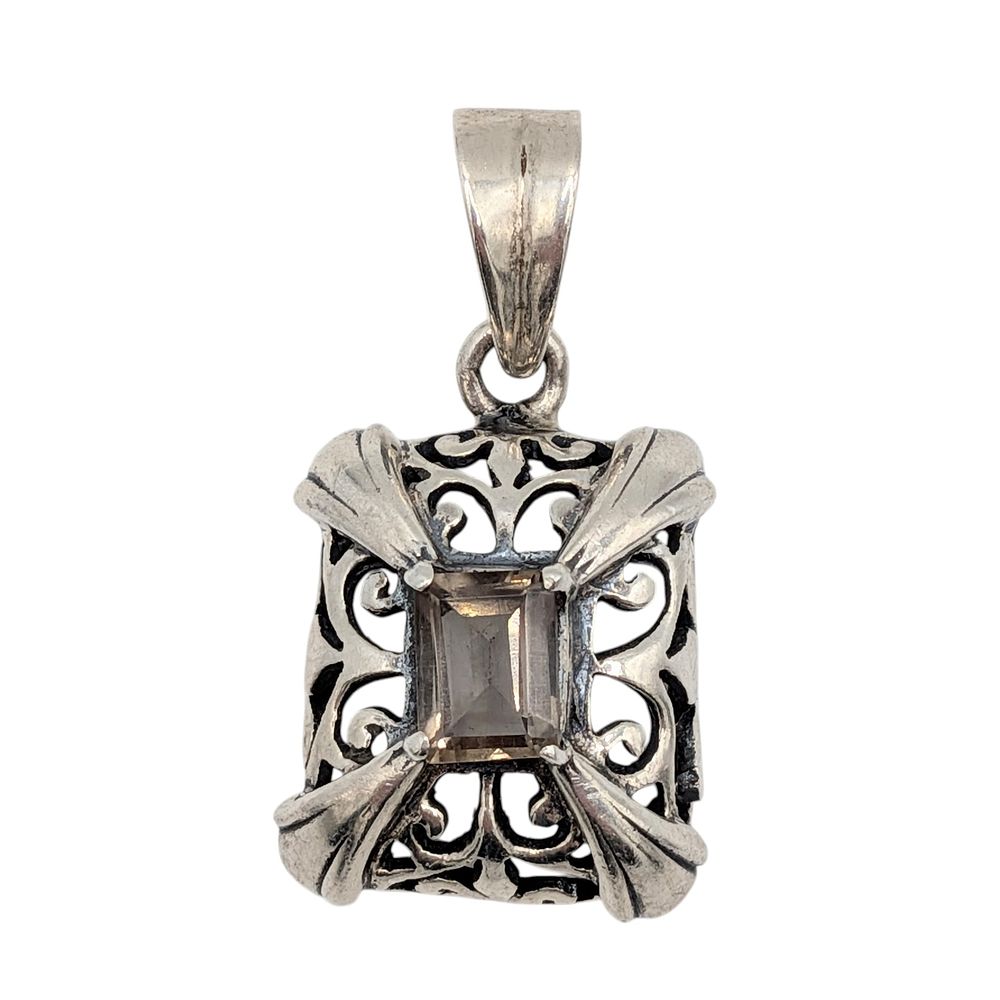 Lot 595: Sterling Silver Smoky Quartz Domed Scrollwork Pendant
