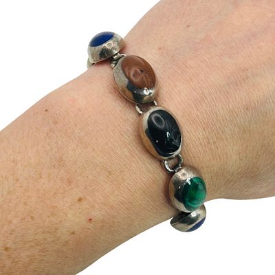 GMCH Taxco Sterling Multi Gem Link Bracelet. GMCH Taxco Sterling malachite lapis lazuli link 