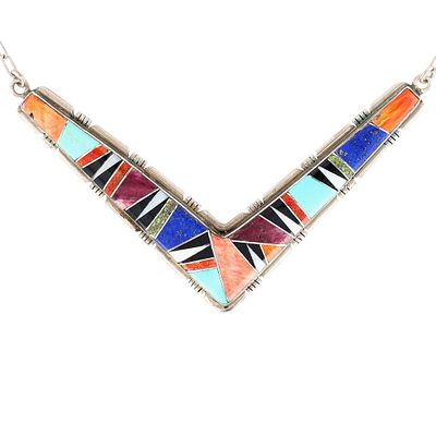Dawn Lucas Navajo Sterling Multi-Stone Inlay Necklace 21g-Spiny Oyster, Turquoise, Coral, Onyx 