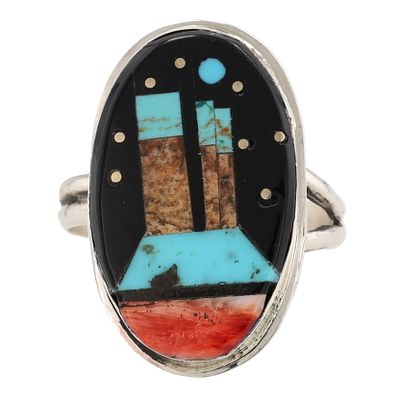 Gilbert Smith Navajo Sterling Multi-Stone Geographic Inlay Adjustable Ring Sz 10, 6g-Picture 