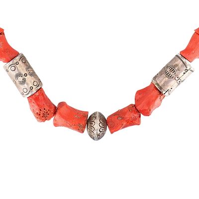Vintage Santo Domingo Sterling Stamped Coral Beaded Necklace. Vintage Santo Domingo Sterling 