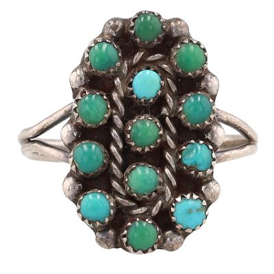 Vintage Zuni Sterling Snake Eye Green Turquoise Cluster Ring Sz 8, 3g