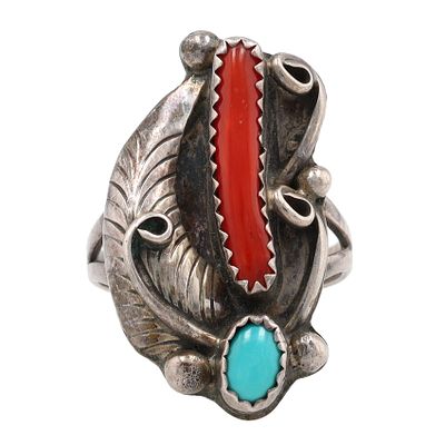 Birdie Desiderin Navajo Sterling Multi-Stone Ring Sz 7.5, 5g-Coral, Turquoise