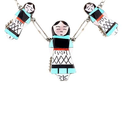 Joyce Waseta Zuni Sterling Multi-Stone Olla Maiden Inlay Necklace 25g-Coral, Jet 