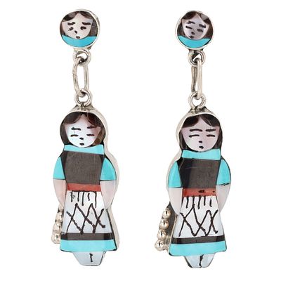 Joyce Waseta Zuni Sterling Multi-Stone Olla Maiden Inlay Earrings 12g-Coral, Jet 