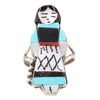 Joyce Waseta Zuni Sterling Multi-Stone Olla Maiden Inlay Ring Sz 8.5, 6g-Coral, Jet 