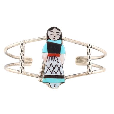 Joyce Waseta Zuni Sterling Multi-Stone Olla Maiden Inlay Bracelet 16.5g-Coral, Jet 