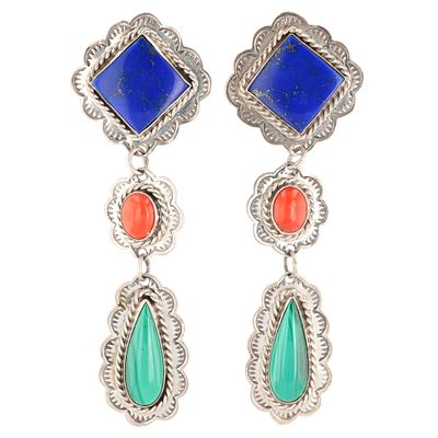 B Yazzie Navajo Sterling Multi-Stone Stud Dangle Earrings 18g-Lapis, Coral, Malachite