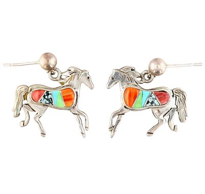 Touch Of Santa Fe Sterling Multi-Stone Inlay Horse Earrings. Touch Of Santa Fe Sterling 
