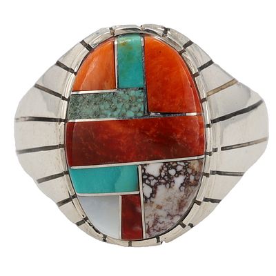 Ray Jack Navajo Sterling Multi-Stone Inlay Ring Sz 12, 11g-White Buffalo, Spiny Oyster 