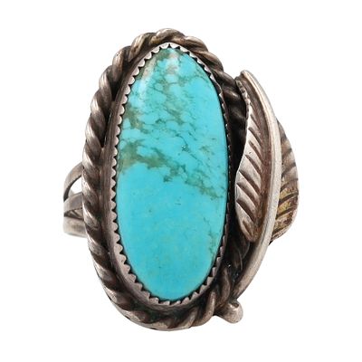Signed Vintage Navajo Sterling Turquoise Ring Sz 6, 8g-Fox Head Pictograph