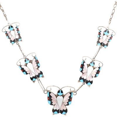 Alison Dishta Zuni Sterling Multi-Stone Inlay Butterfly Necklace 55g-Coral, Mother-of-Pearl 