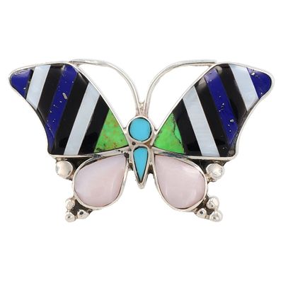 Angus Ahiyite Zuni Sterling Multi-Stone Inlay Butterfly Ring Sz 8.5-Gaspeite, Lapis, Turquoise 