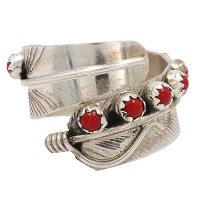 Chester Charlie Navajo Sterling Coral Feather Adjustable Ring Sz 7.5