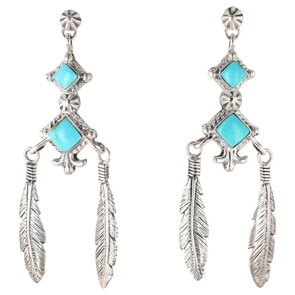 Lot 170: Annie Spencer Navajo Sterling Kingman Turquoise Feather Dangle Earrings