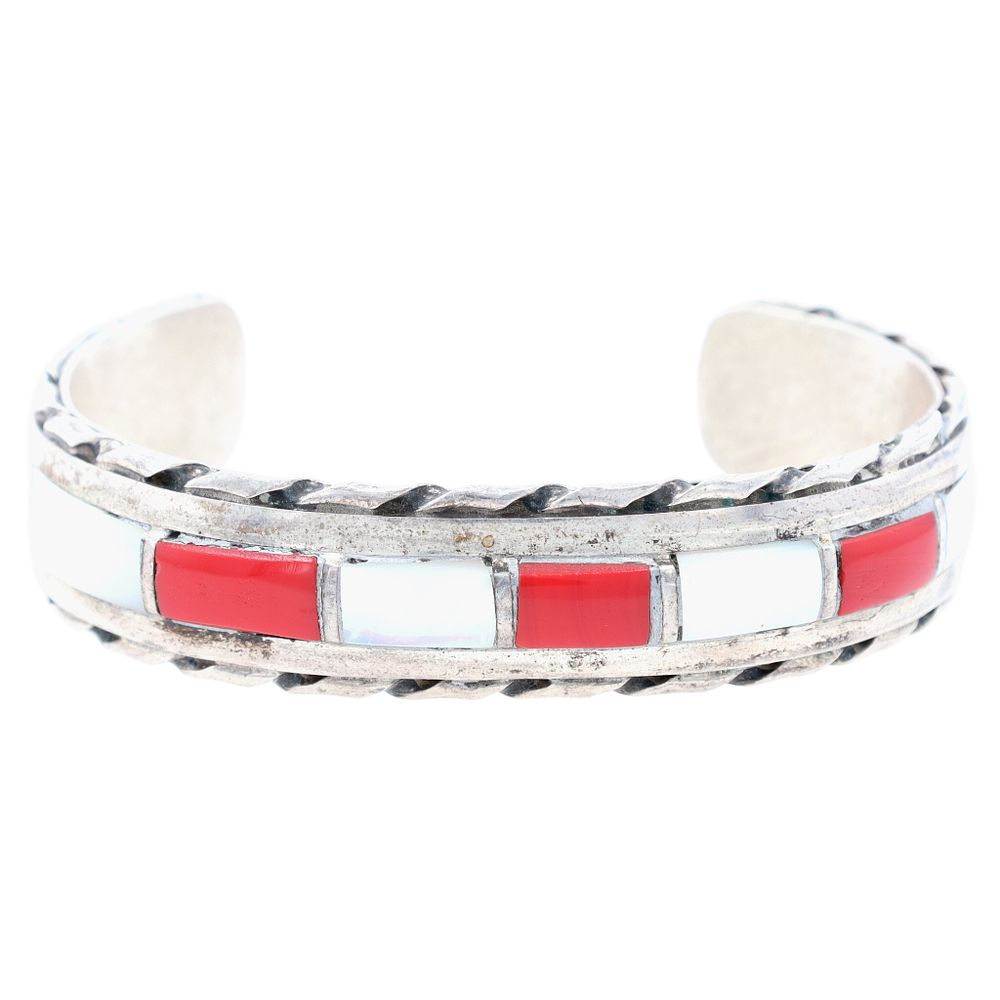 Lot 207: Vintage Navajo Sterling Multi-Stone Inlay Cuff Bracelet