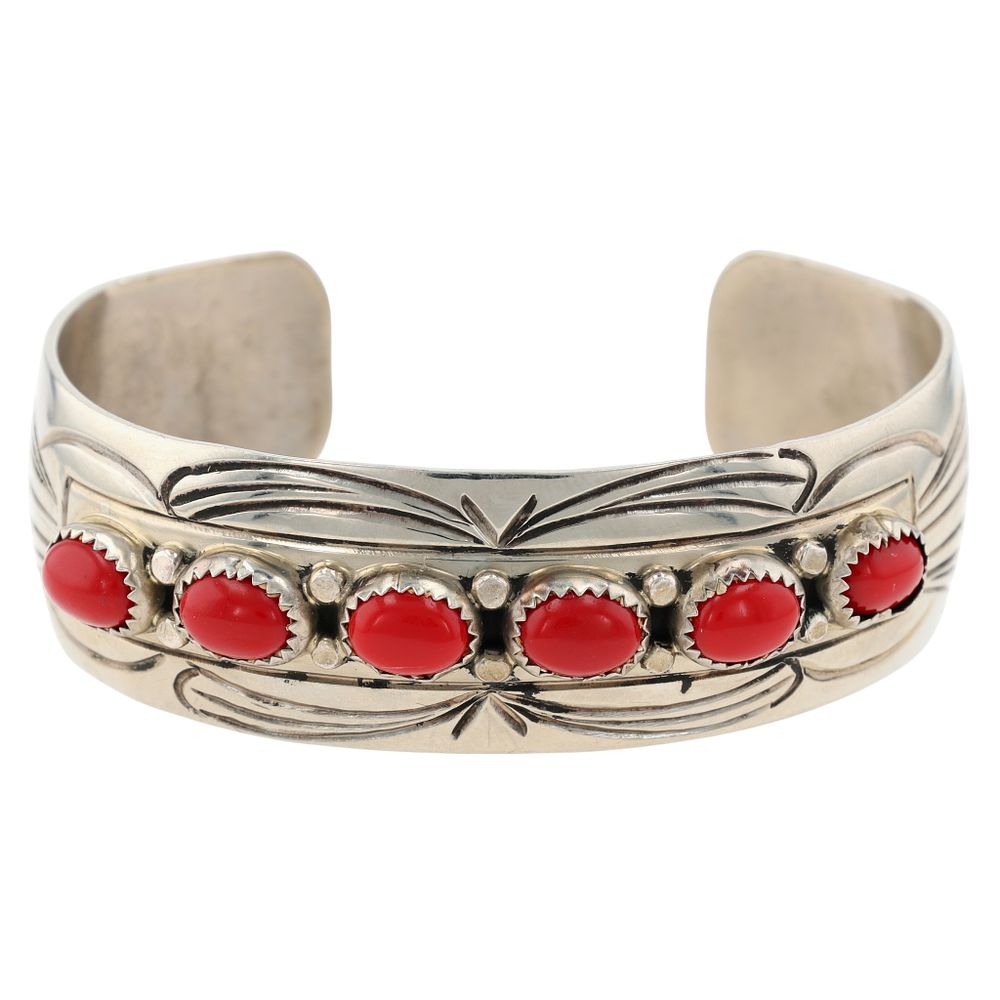Lot 255: Signed Navajo Nickel Silver Coral Cuff Bracelet