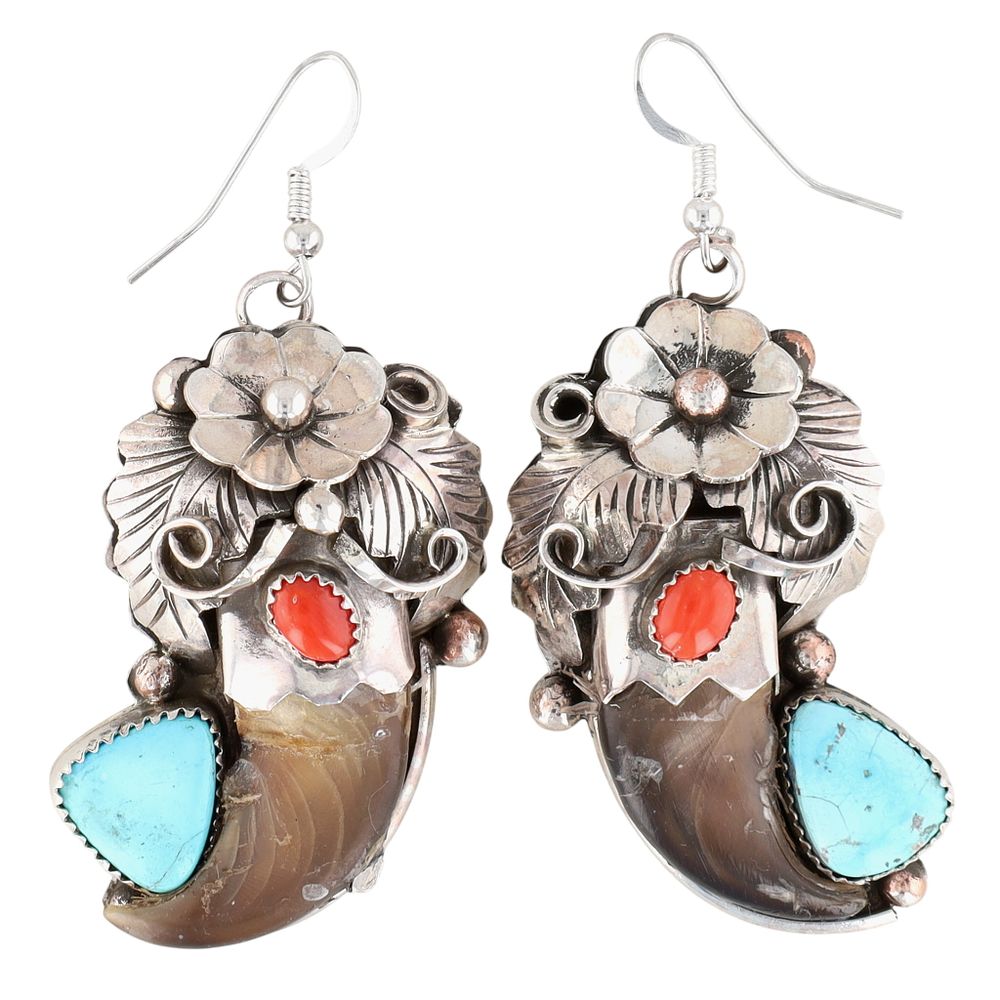 Lot 282: Jerry Thomas Navajo Sterling Multi-Stone Claw Blossom Earrings