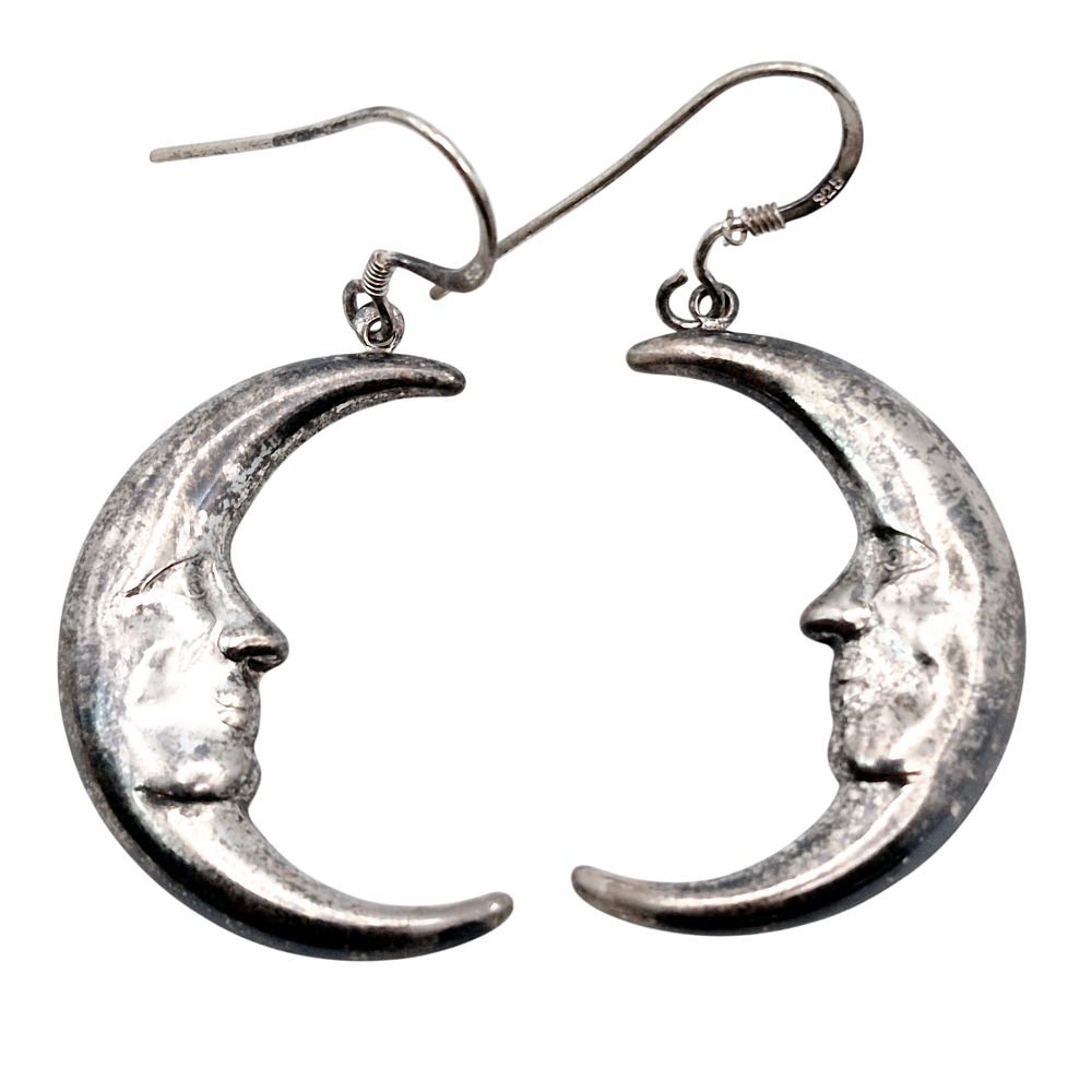 Lot 153: Sterling Crescent Moon Face Dangle Earrings