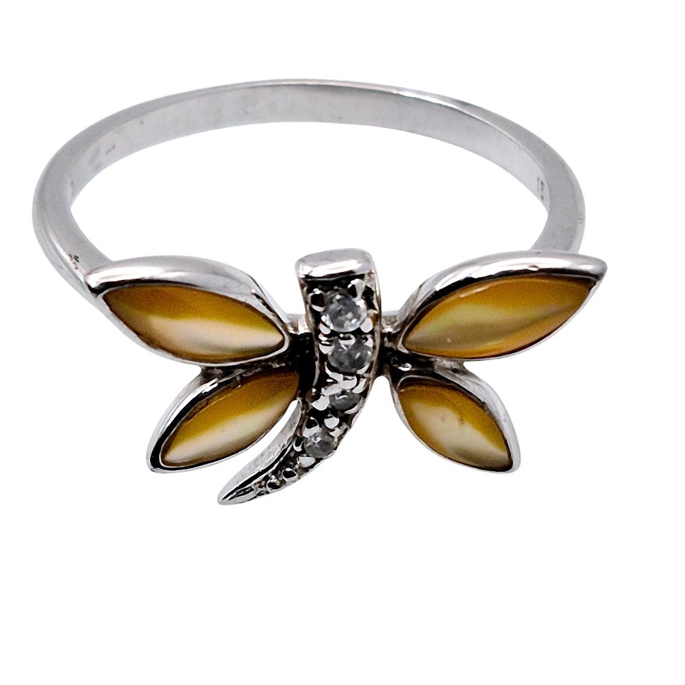 Lot 184: Sterling Mother Of Pearl Dragonfly Ring Size 7
