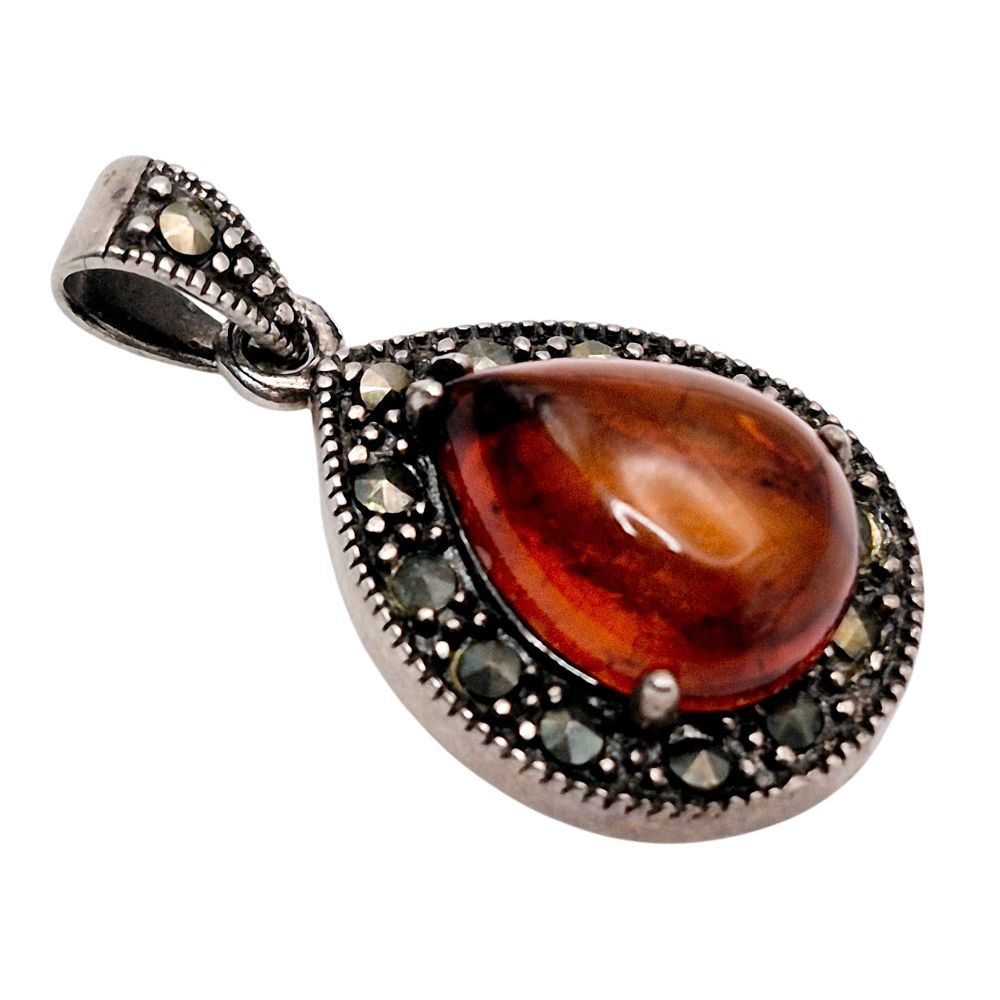 Lot 189: Sterling Amber Marcasite Teardrop Pendant
