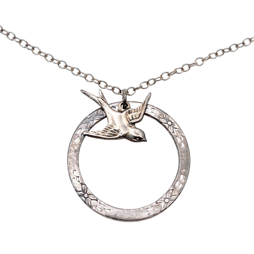 Lot 191: Sterling Bird Hoop Pendant Cable Chain Necklace