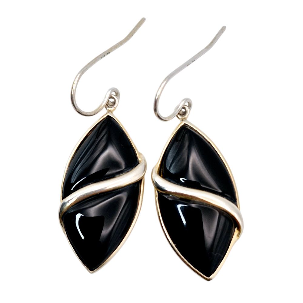Lot 305: LUC Sterling Marquise Black Stone Dangle Earrings