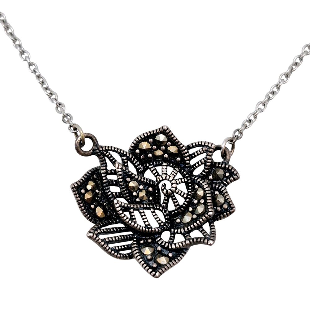 Lot 307: Sterling Marcasite Flower Pendant Cable Chain Necklace
