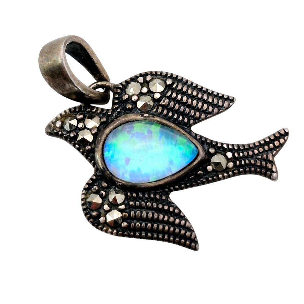 Lot 309: SLC Sterling Opal Marcasite Dove Pendant