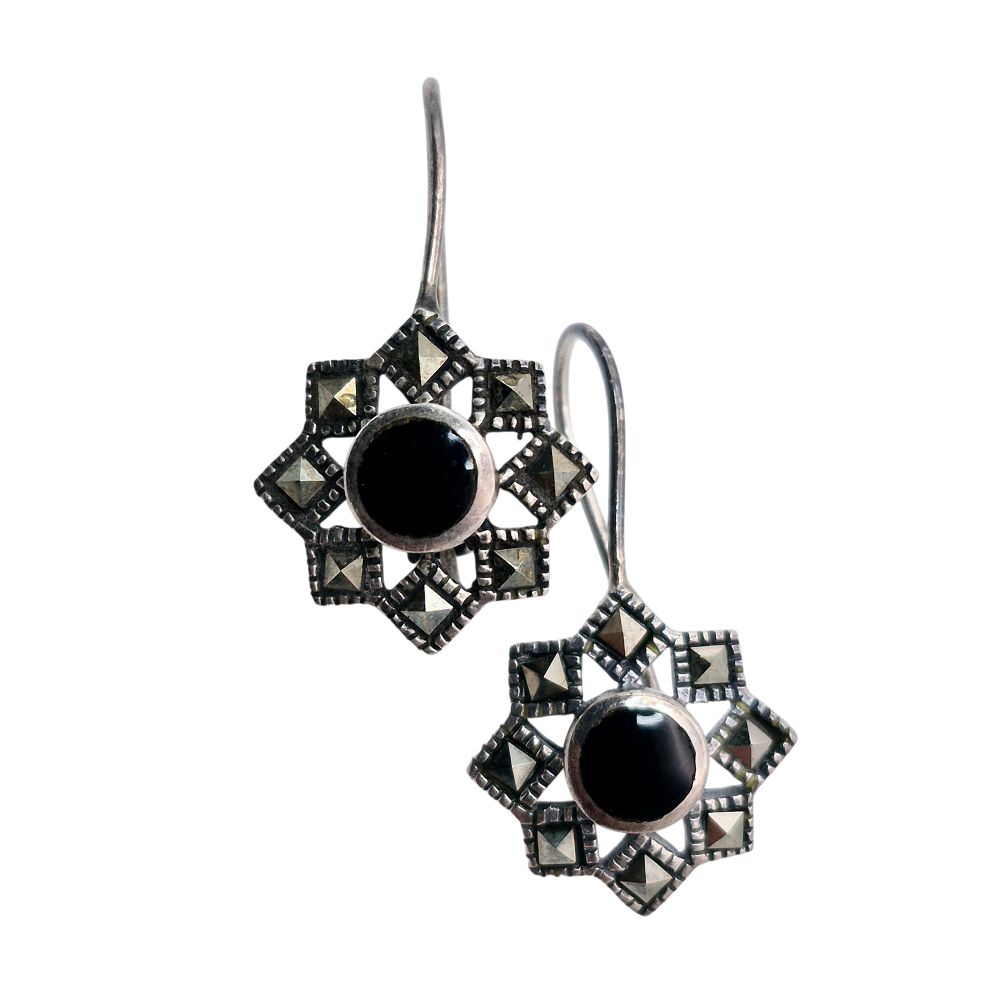 Lot 326: Sterling Onyx Marcasite Star Drop Earrings