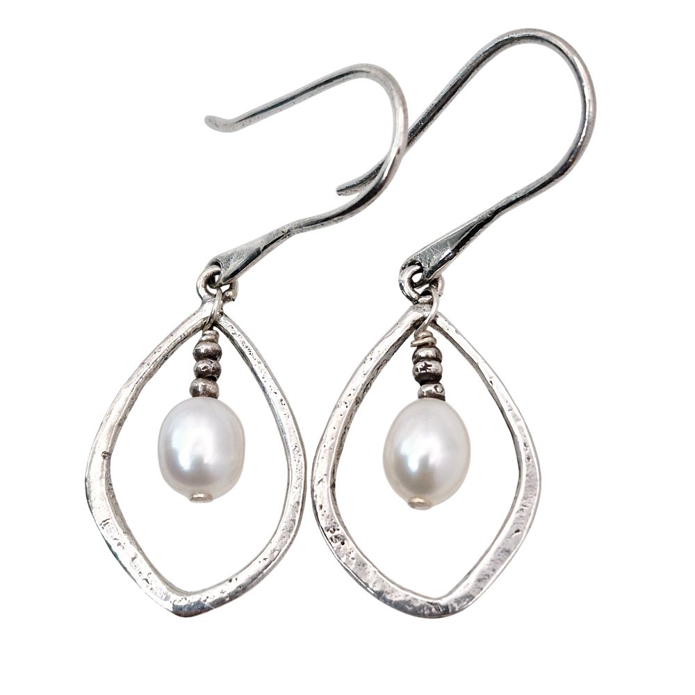 Lot 340: Sterling Pearl Open Teardrop Dangle Earrings