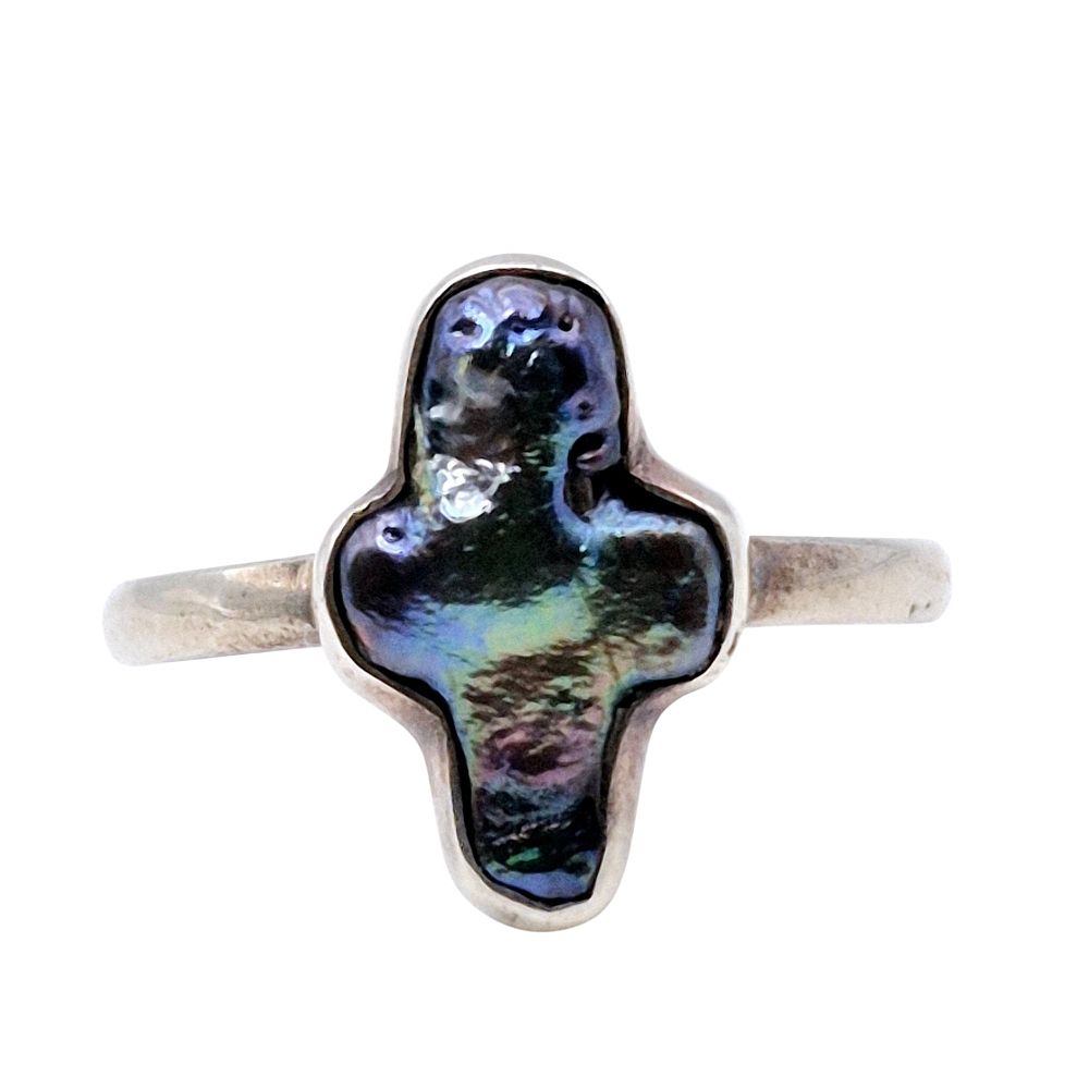 Lot 352: Sterling Abalone Cross Statement Ring Size 7.5