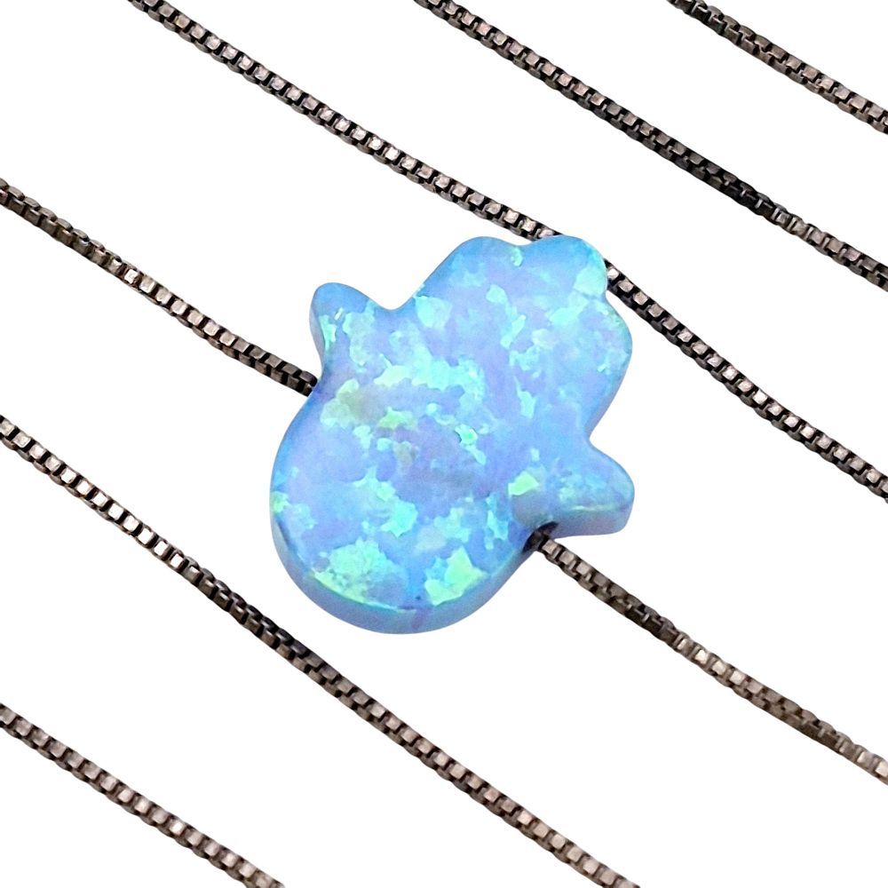 Lot 375: Italy Sterling Opal Hamsa Hand Box Chain Necklace