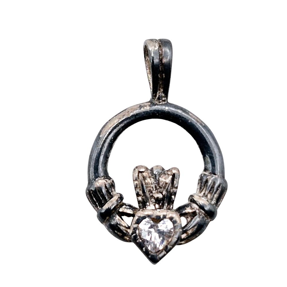 Lot 387: Sterling Clear Stone Claddagh Pendant